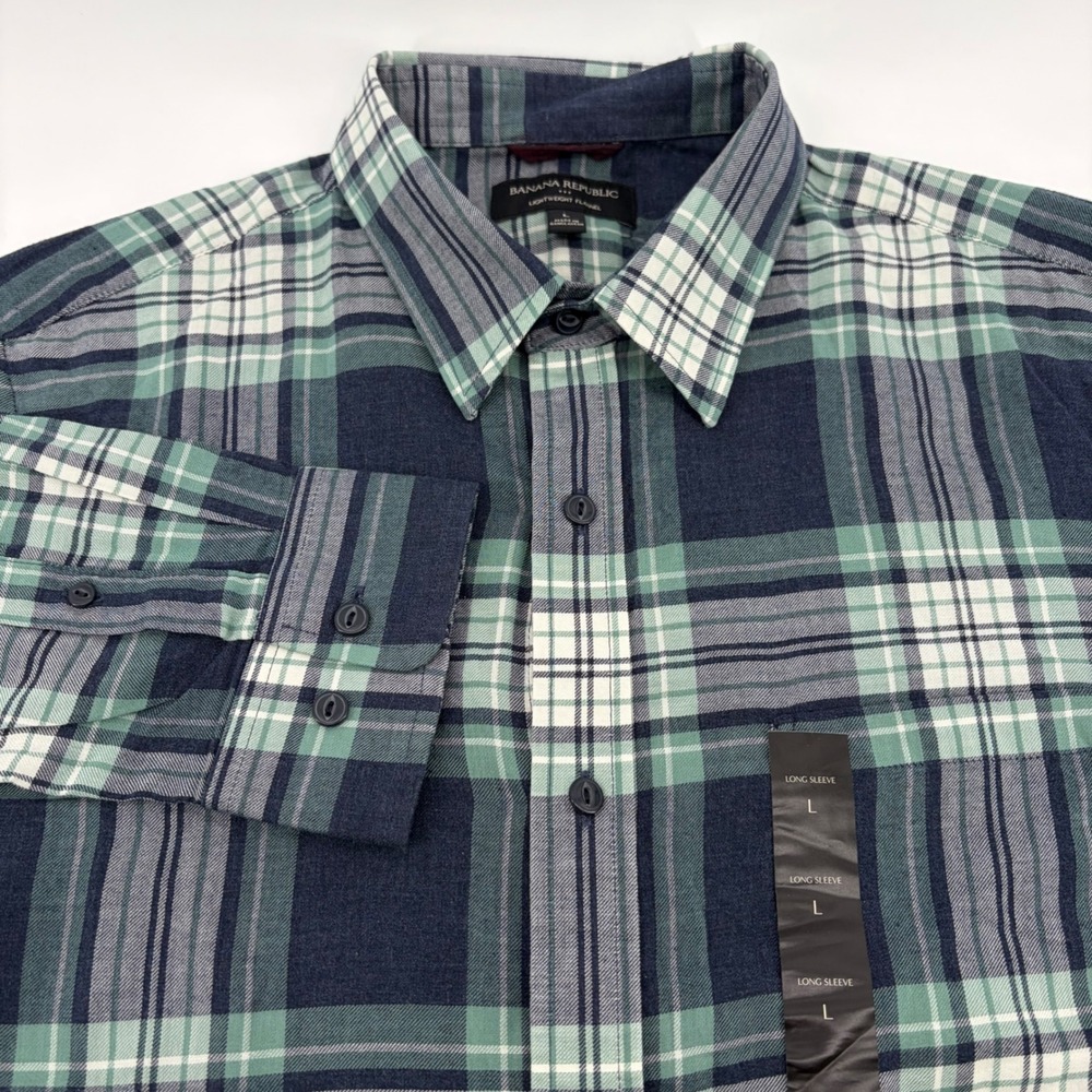 Banana Republic NEW Mens Lightweight Flannel Shirt Navy Blue Green Plaid Large L